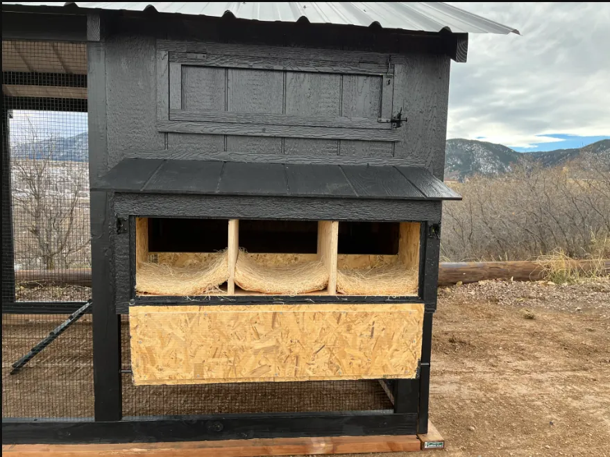 Three handcrafted nesting boxes inside a LuckyBird coop