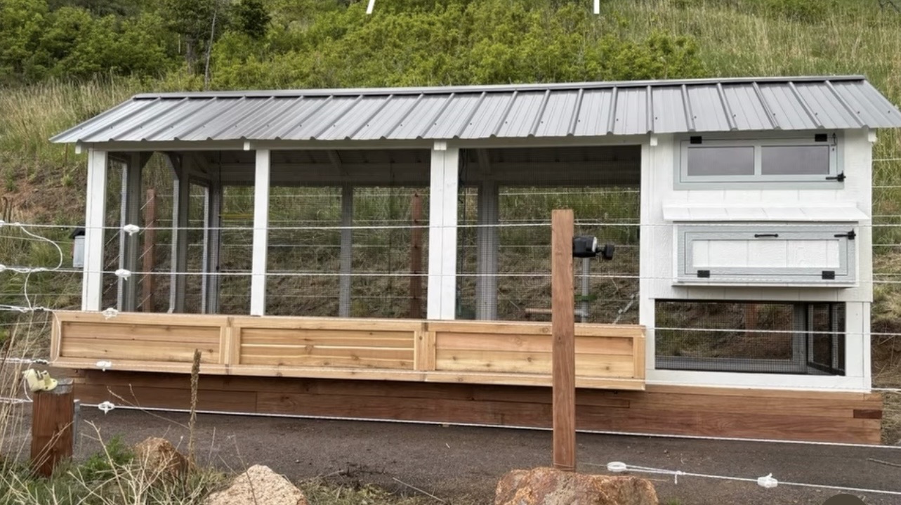 Solar electric fencing protecting a LuckyBird coop and run