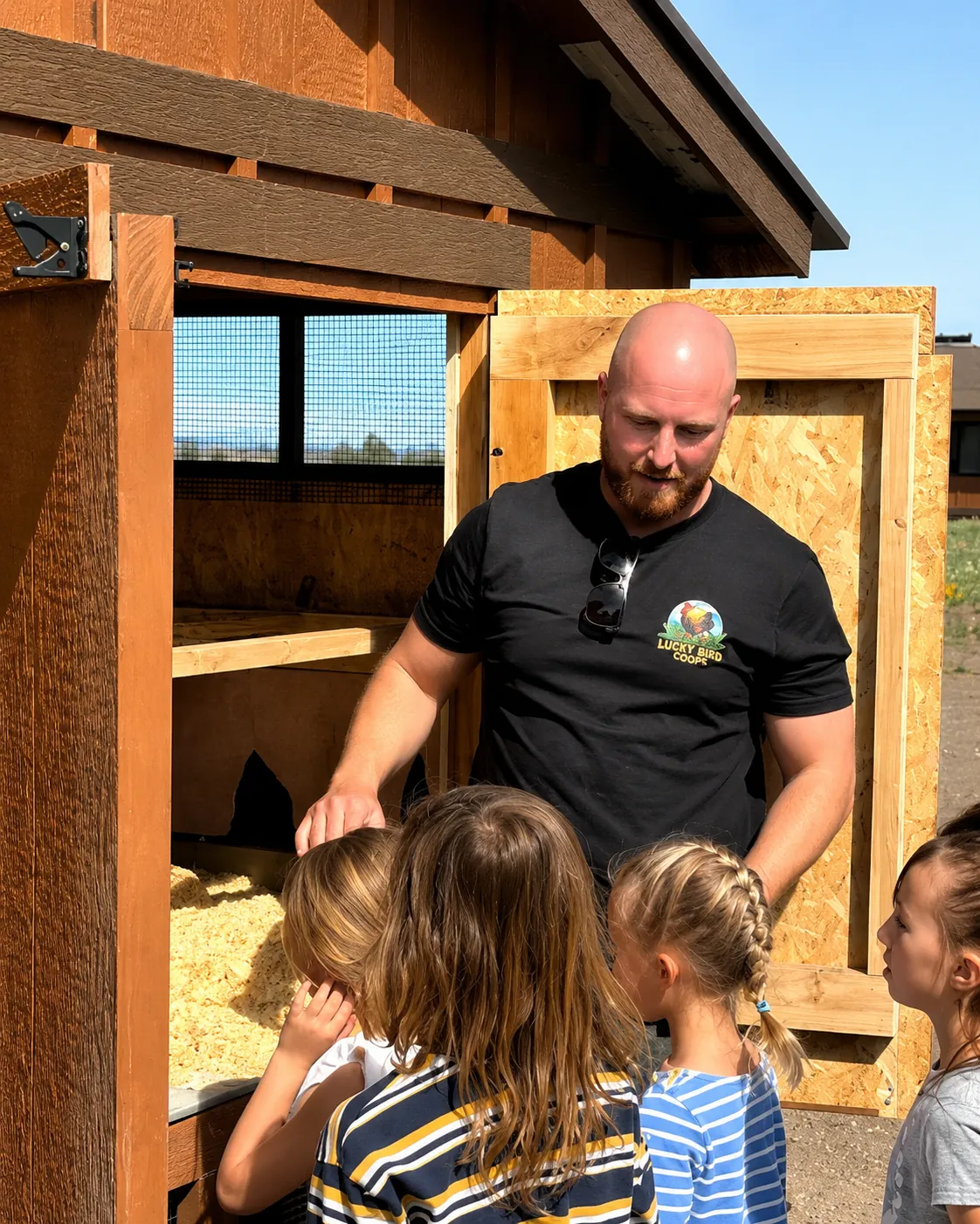 Austin showing first graders inside a coop at the LuckyBird shop