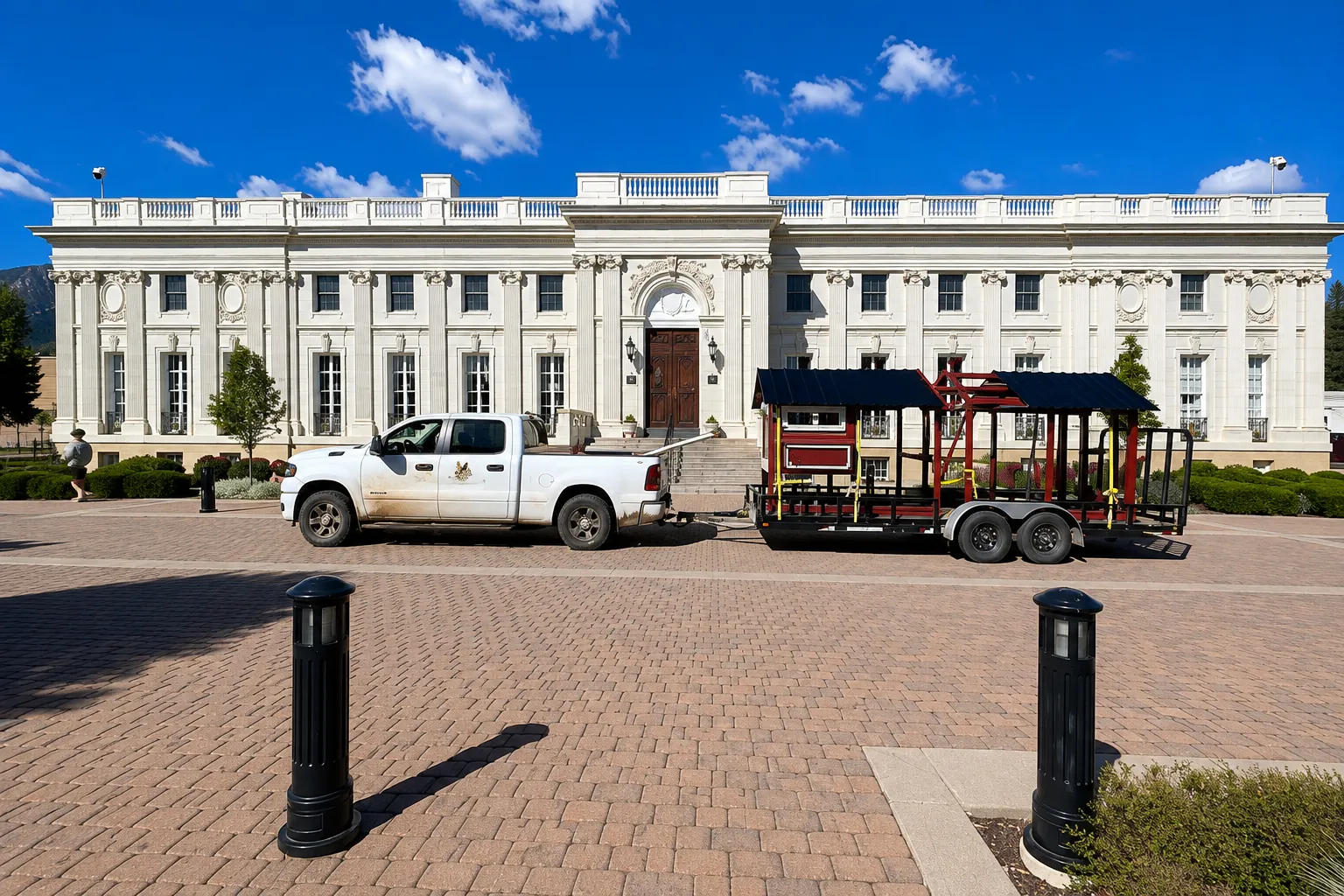 The LuckyBird truck and trailer delivering the finished Barn House Coop to The Colorado Springs School