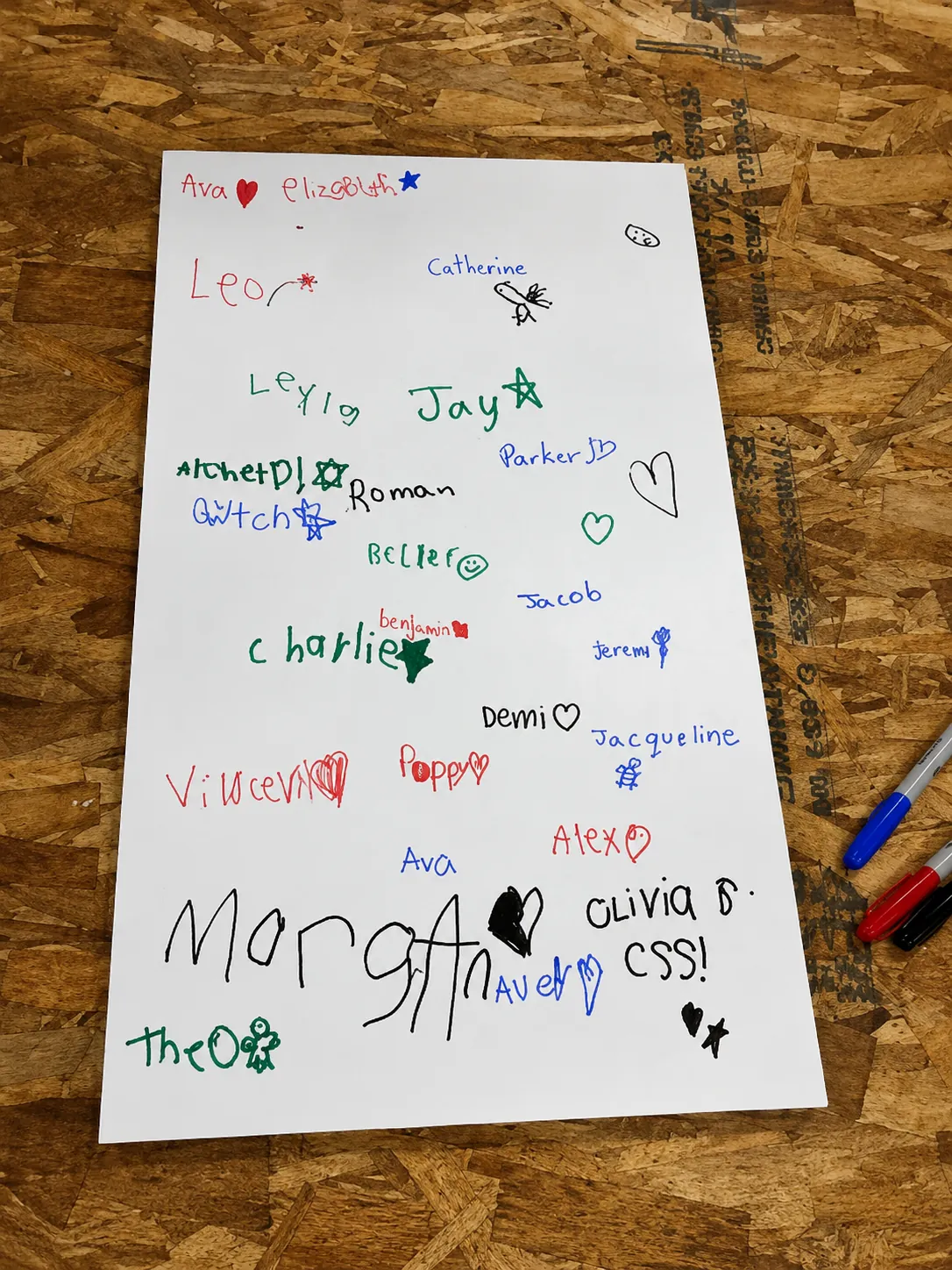 The class's hand-drawn sign-in sheet from their visit to the shop