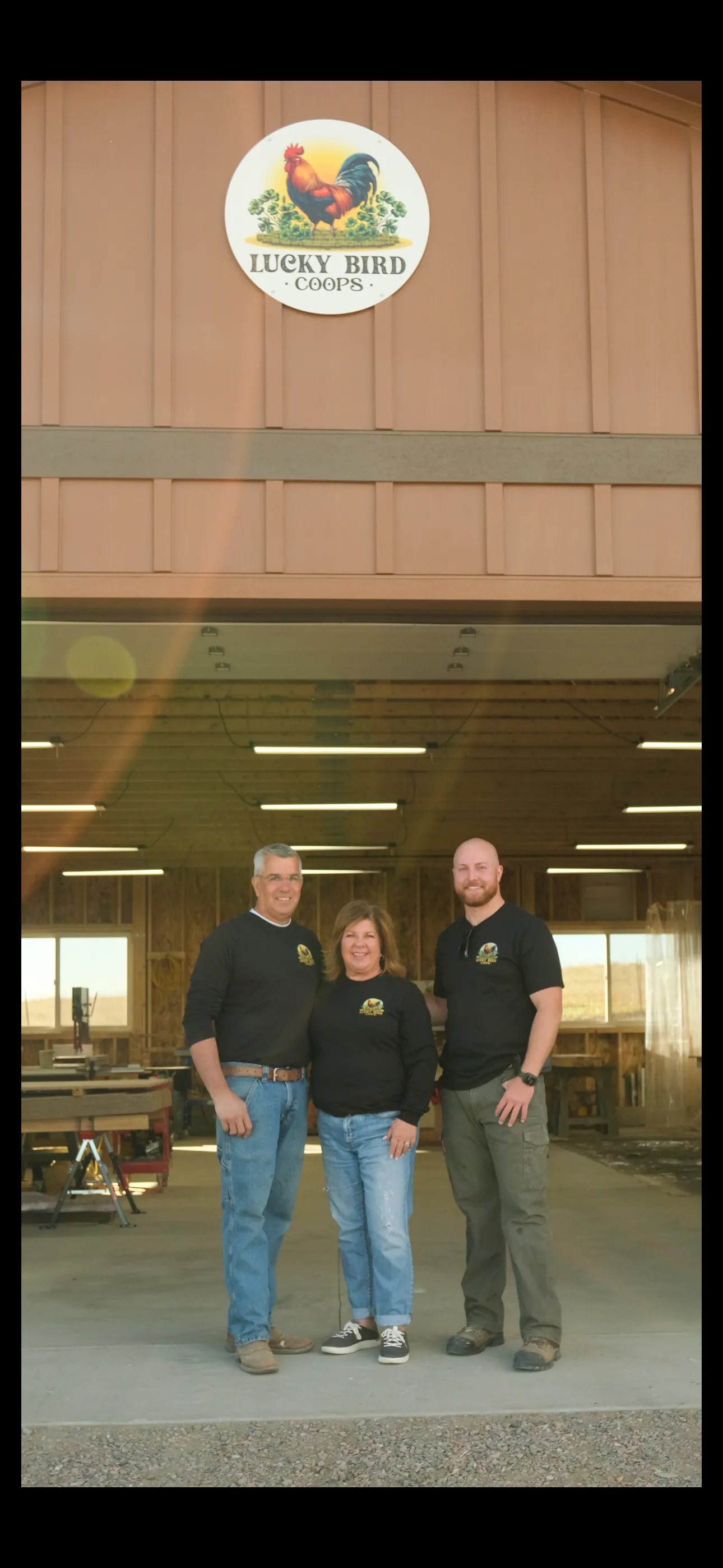 Bill, Doreen and Austin — the LuckyBird Coops team at their Franktown workshop